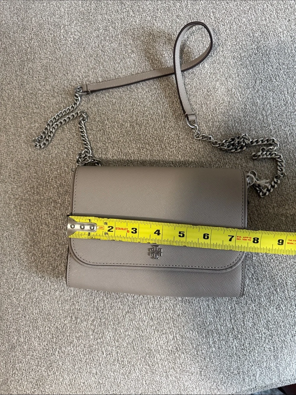 Tory Burch Taupe Pebbled Leather Chain Flap Crossbody